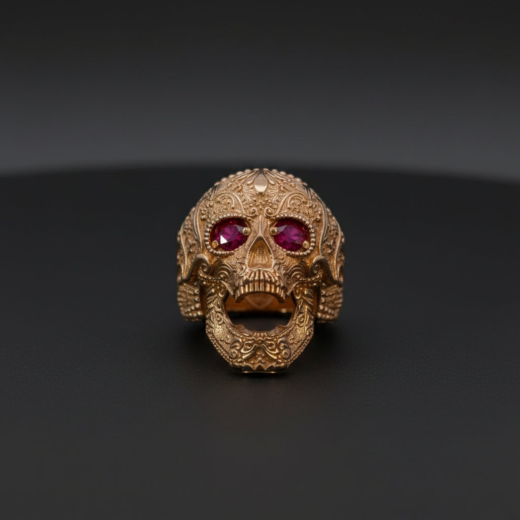 Yellow Gold Skull Ring with Emerald Eyes