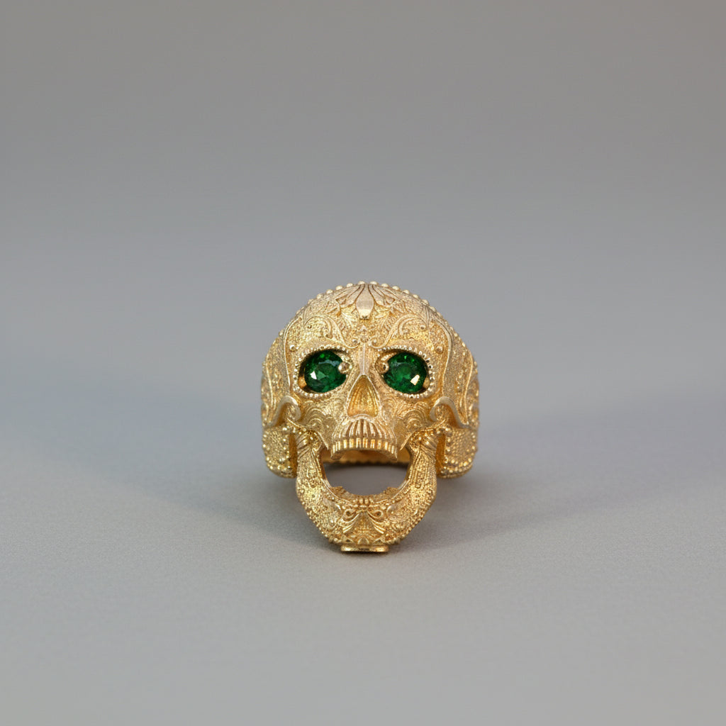 Yellow Gold Skull Ring with Emerald Eyes