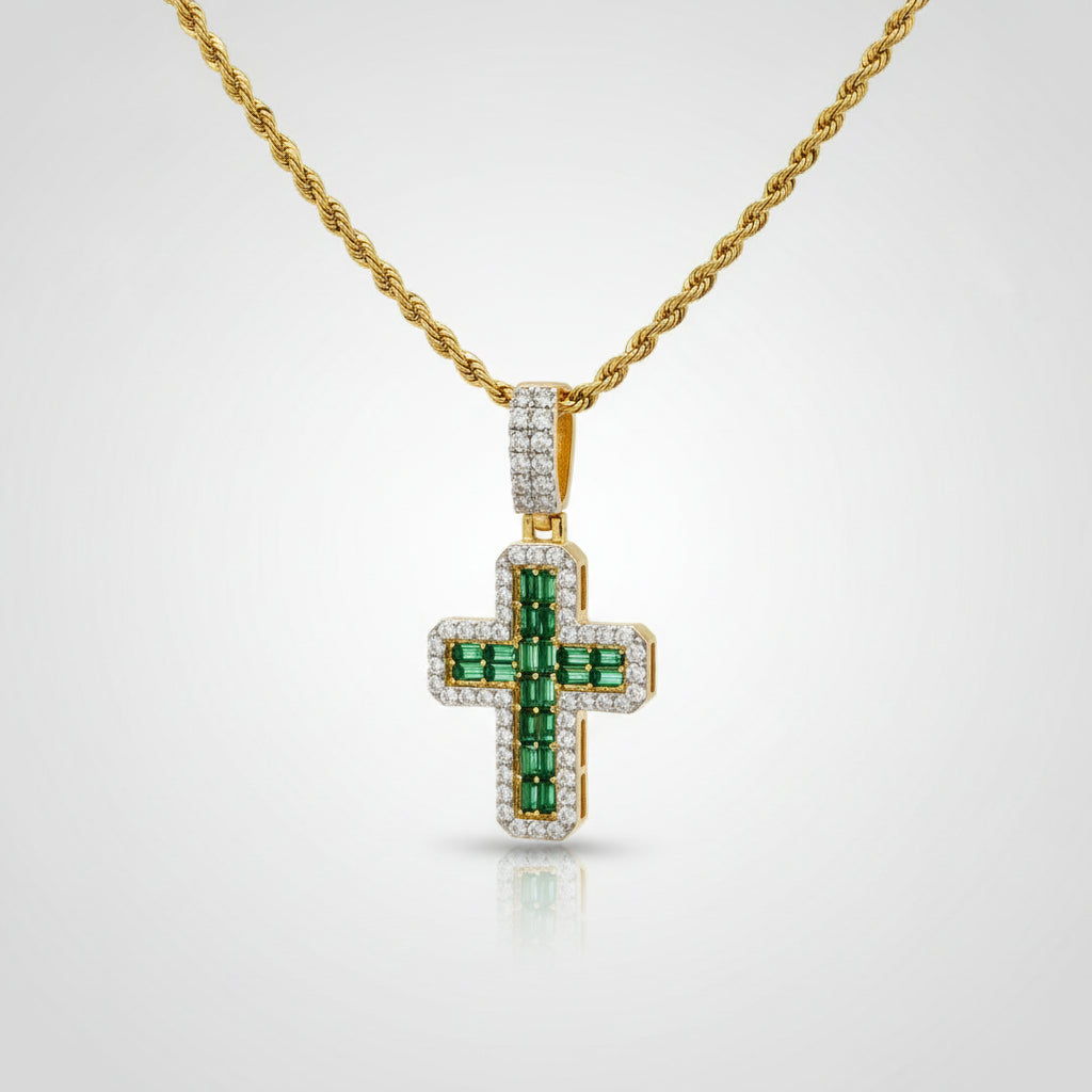 Emerald and Diamond Cross Pendant with Rope Chain