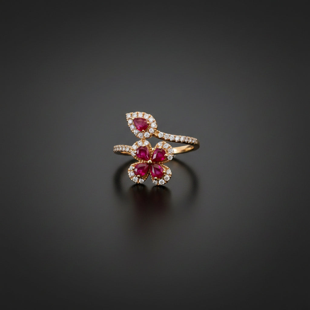 Floral Ruby Bypass Ring in Yellow Gold