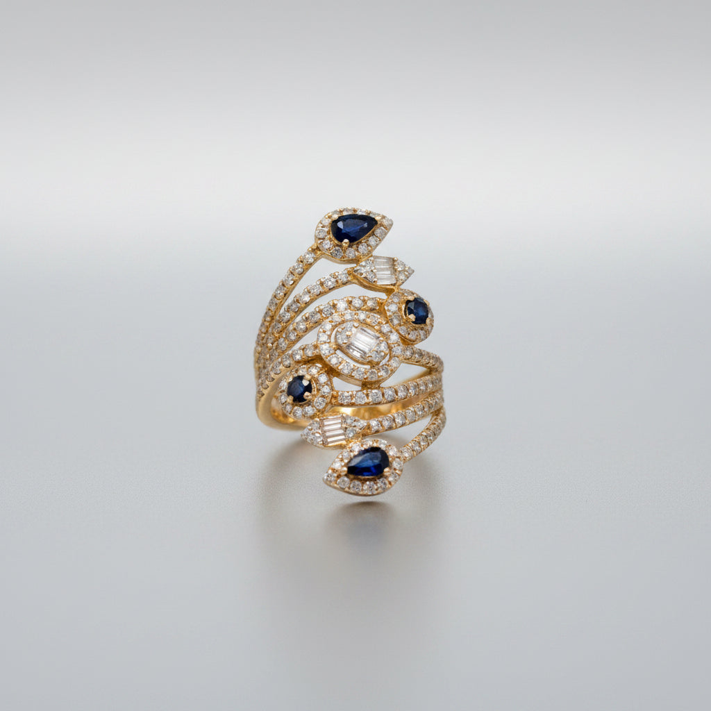 Yellow Gold Sapphire and Diamond Swirl Cocktail Ring