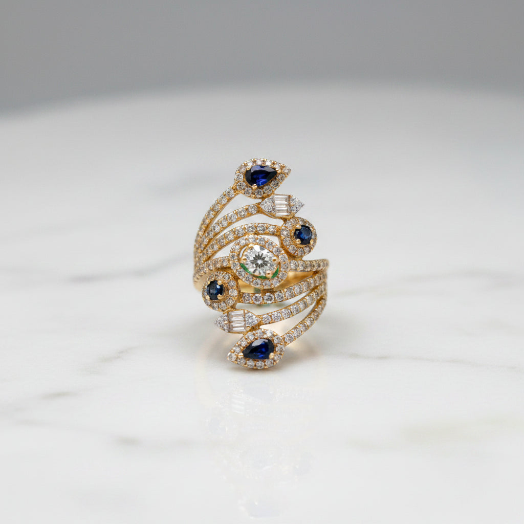 Yellow Gold Sapphire and Diamond Swirl Cocktail Ring
