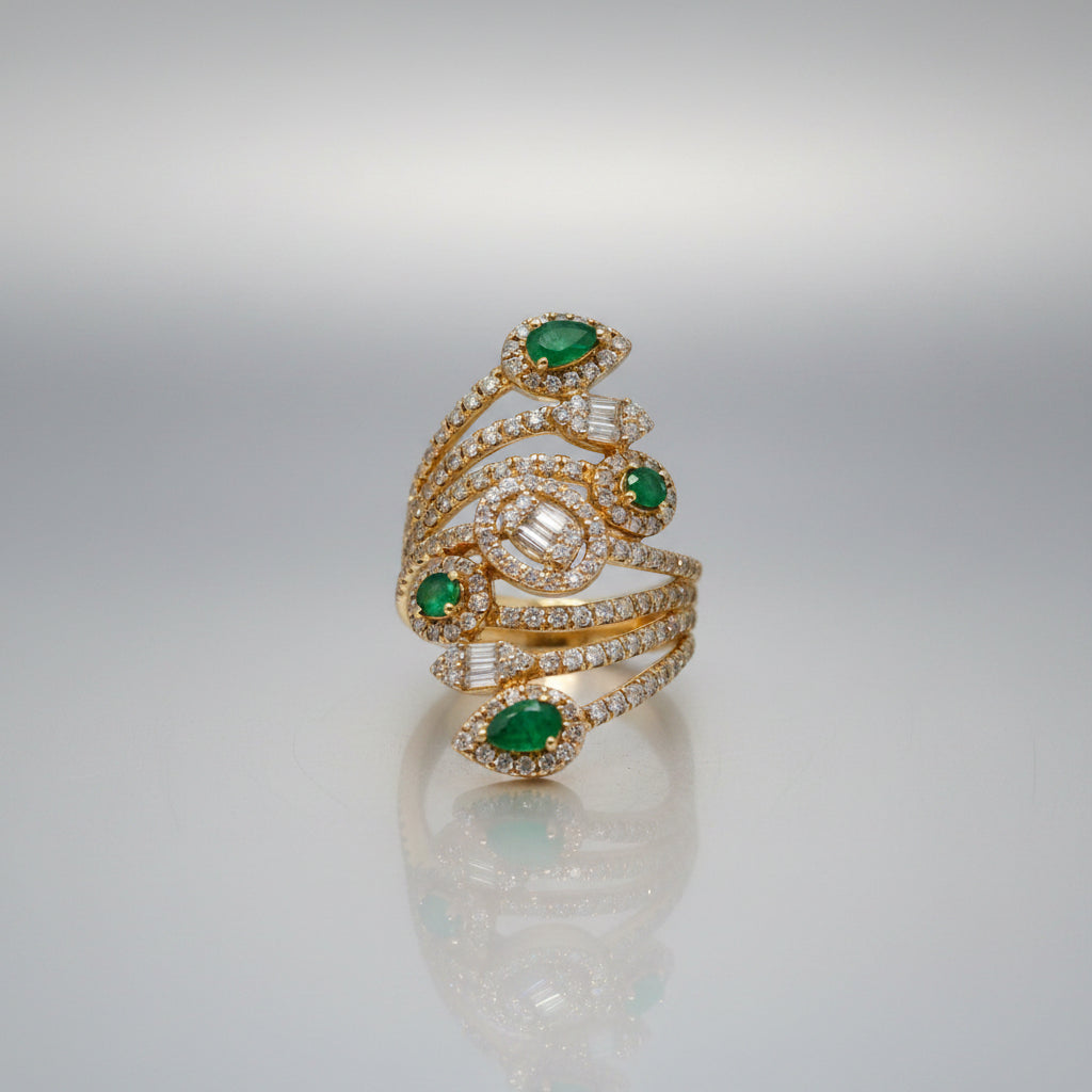 Yellow Gold Emerald and Diamond Swirl Cocktail Ring