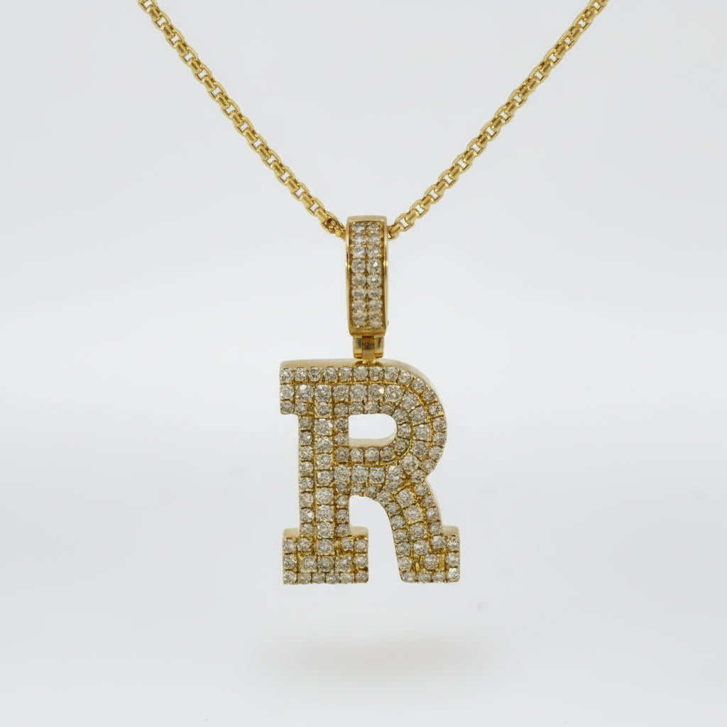 Yellow Gold Diamond 'R' Initial Charm Necklace