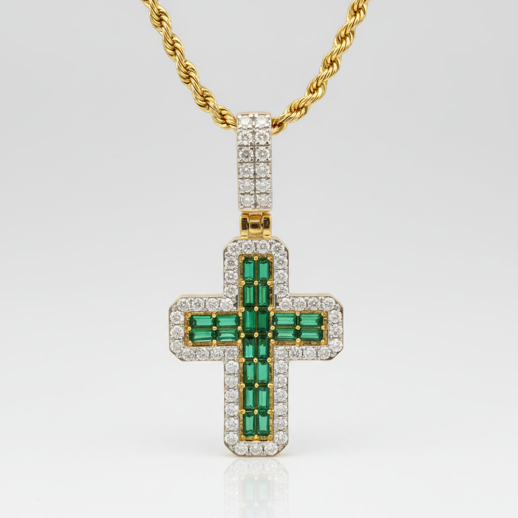 Emerald and Diamond Cross Pendant with Rope Chain