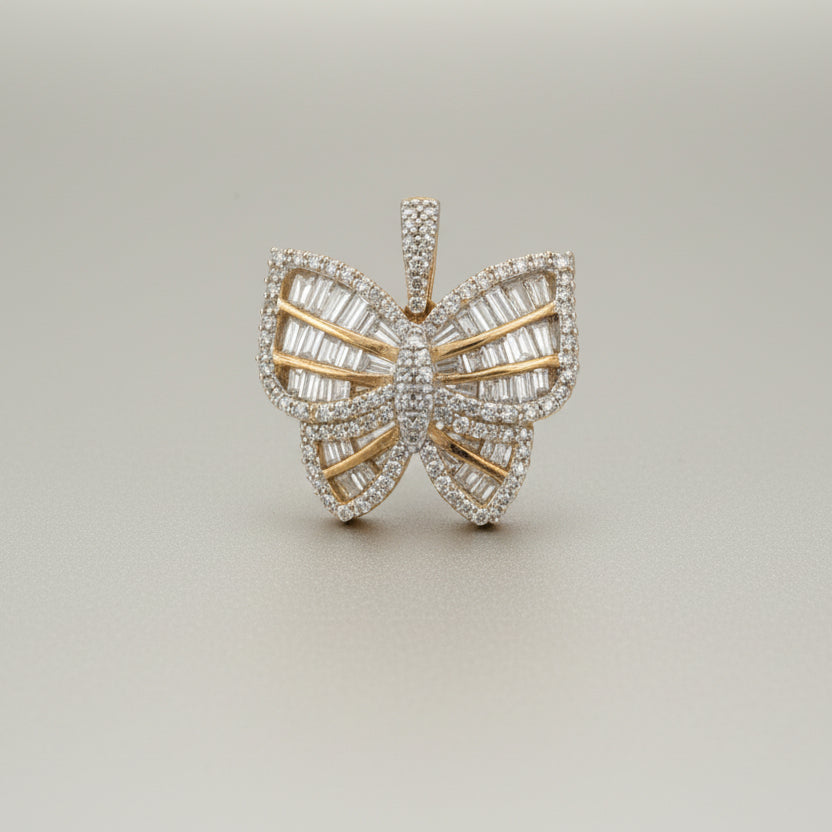 Yellow Gold Butterfly Pendant with Baguette Cut Diamonds