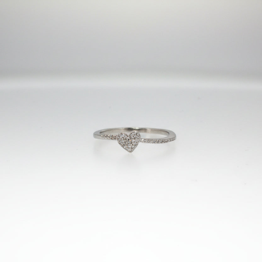 White Gold Plated Silver Band Ring with Heart Cut Diamond