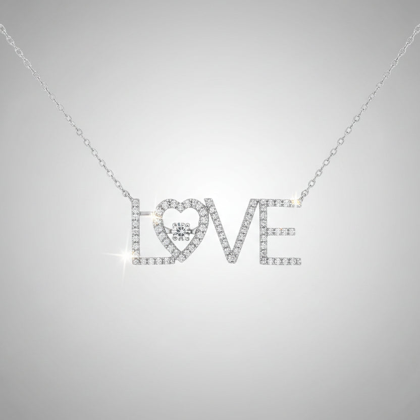 White Gold "LOVE" Charm Necklace with Round Cut Diamonds
