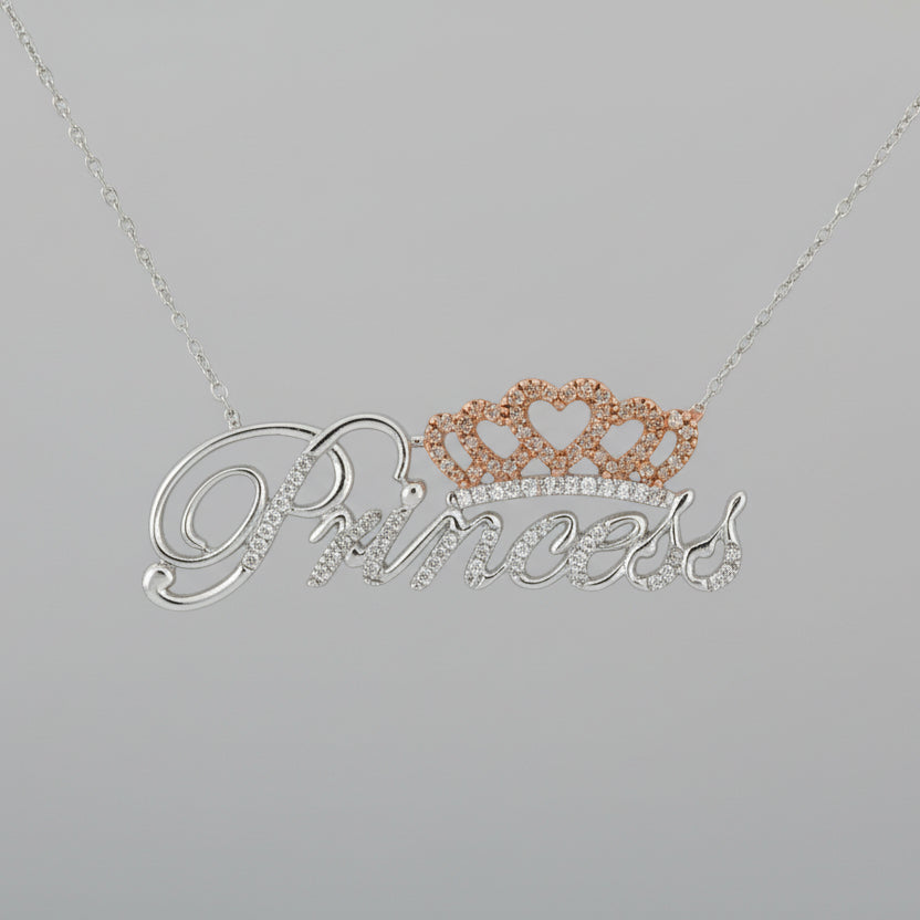 Princess Diamond Charm Necklace with Rose Gold Crown