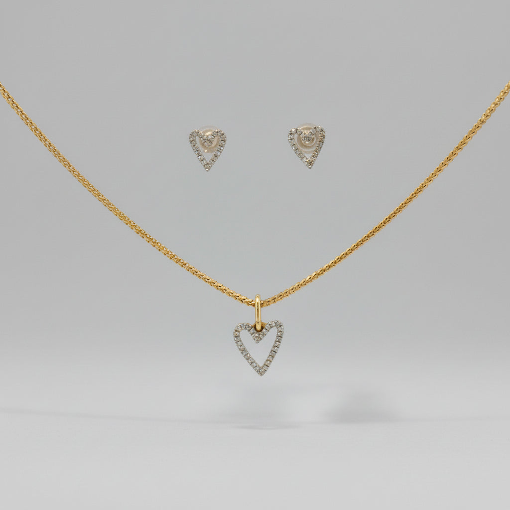 Yellow Gold Diamond Heart Pendant & Earrings