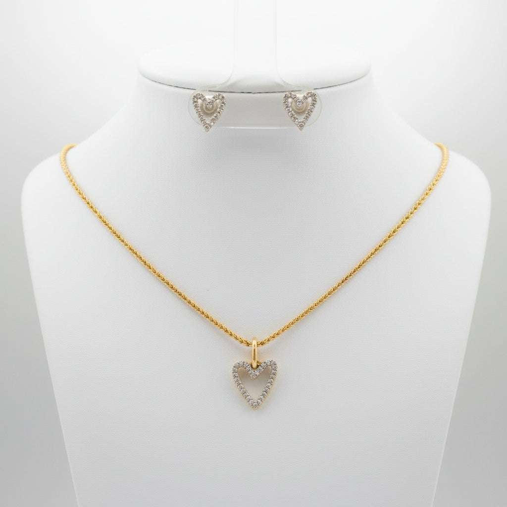 Yellow Gold Diamond Heart Pendant & Earrings