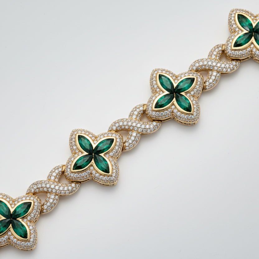 Diamond Bracelet with Marquise Emerald Flowers