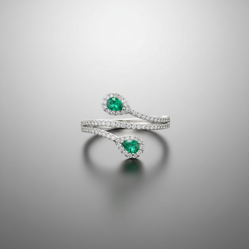 Pear Emerald Bypass Ring in White Gold