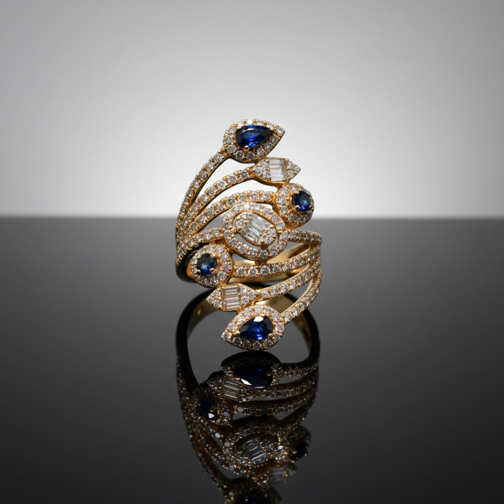 Yellow Gold Sapphire and Diamond Swirl Cocktail Ring