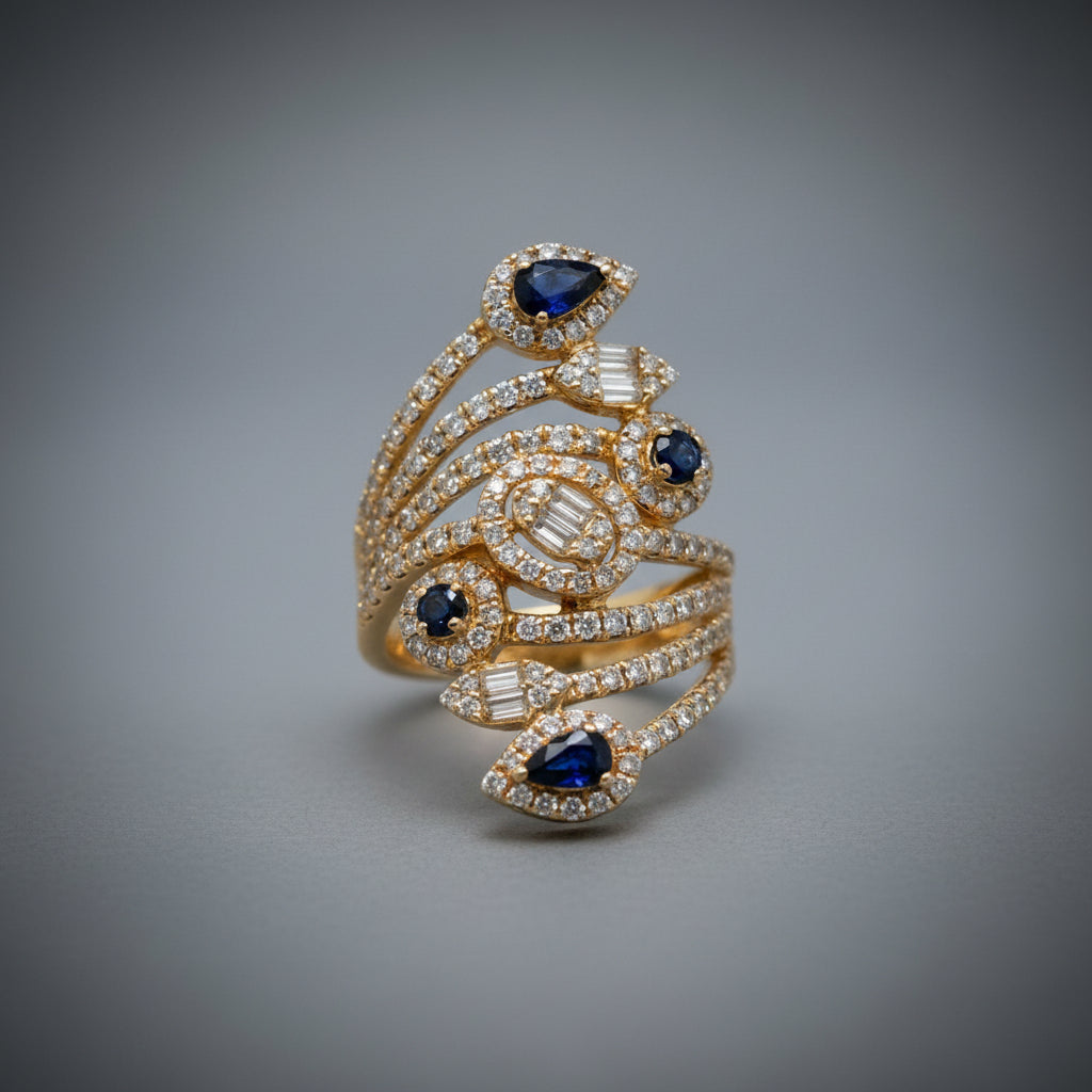 Yellow Gold Sapphire and Diamond Swirl Cocktail Ring