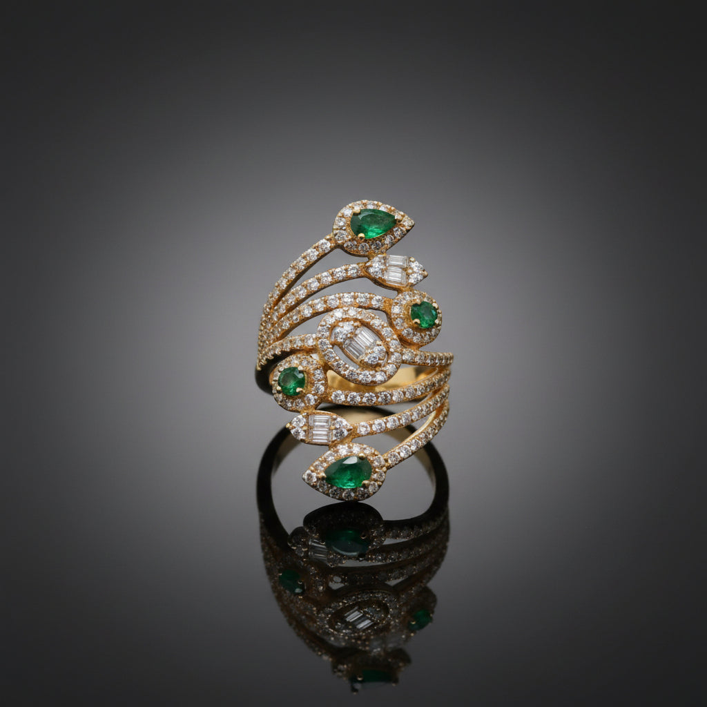 Yellow Gold Emerald and Diamond Swirl Cocktail Ring